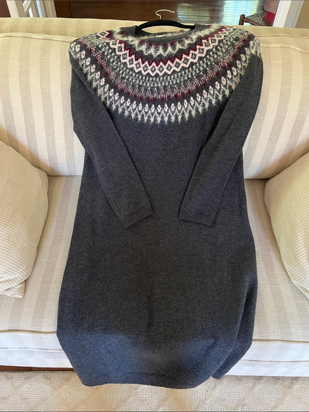Women’s Fair Isle Crewneck Sweater Dress in Charcoal and White